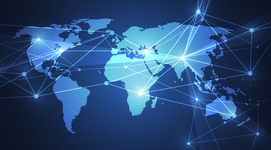 imagem de um mapa mundi, em cor azul, com várias linhas interligando os países, simbolizando o que a internet faz